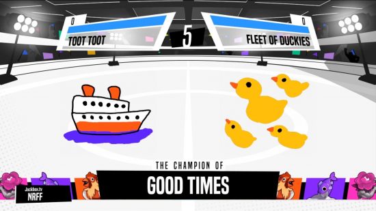 A screenshot of a Jackbox game in action with drawings of a boat and some ducks