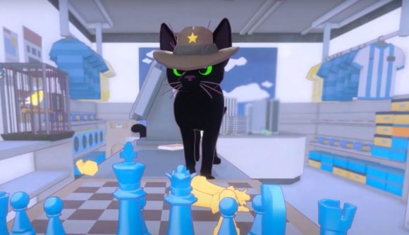 Little Kitty Big City release date - a black cat wearing a hat while standing on a chess board
