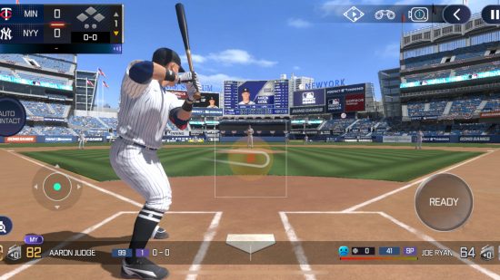 Recenzja MLB Perfect Inning 23 – Aaron Judge z kijem bejsbolowym uniesionym za głową, gotowy do uderzenia piłki