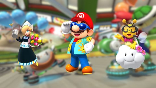 Mario Kart Tour Spring tour - Mario in a Hawaiian shirt, red hat, and blue sunglasses looking chill, alongside Rosalina in a long black dress holding flowers with her blonde hair tied up, and lakitu on the right, a creator on a cloud, with a face on the cloud and a flower in its forehead. All superimposed onto a blurred background of a track with characters racing on.