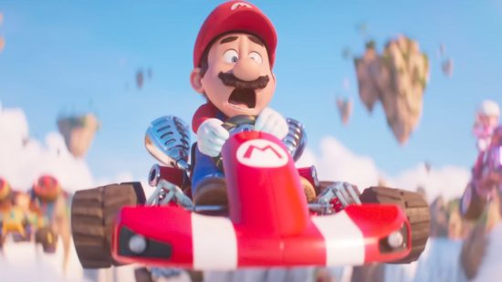 Mario movie reviews -- Mario in a Kart flying through the air screaming. The kart is red and white, with an M on it. Mario is a man with a bushy moustache, red hat and shirt, and blue dungarees. In the sky behind are some floating islands.