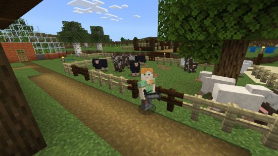 Minecraft Servers: a lonely player on a farm filled with cows and sheep