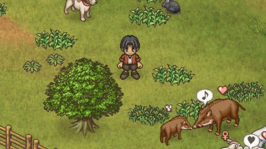 Shepherds crossing switch release: pixely wild boars on a farm with some shrubs and trees