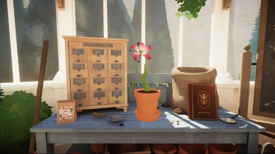 Whitethorn games: a potting table and flower pot in Botany Manor