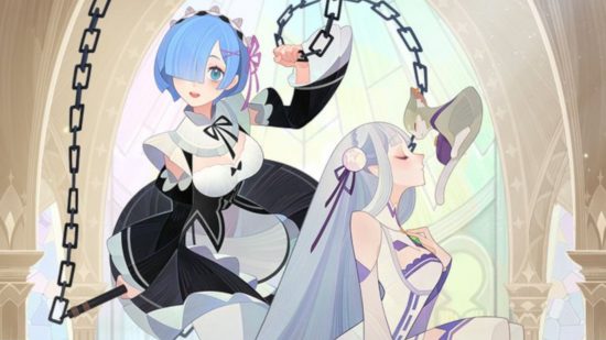 A zoomed-in official graphic for the AFK Arena Re Zero collaboration showing Rem and Emilia in their AFK Arena style.