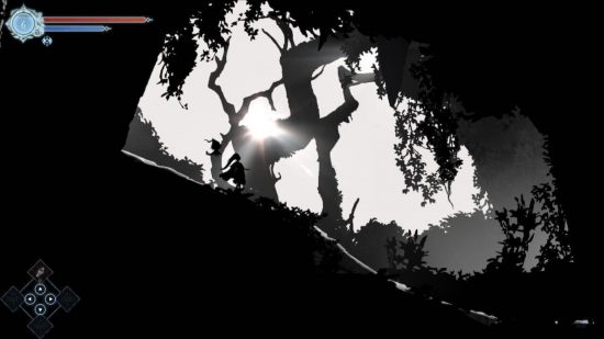 Afterimage Switch review: A screenshot from Afterimage of Renee and Ifree running through some scenery lit just like Limbo, with dark black landmarks and a bright white sky.