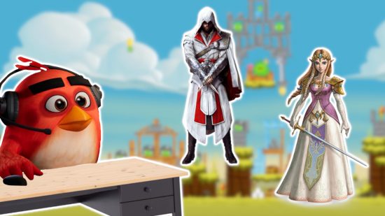 Angry Birds smash or pass: Red from Angry Birds wearing a black headset and sat at a desk, looking at Ezio from Assassin's Creed and Zelda from The Legend of Zelda. The background is a blurred Angry Birds level.