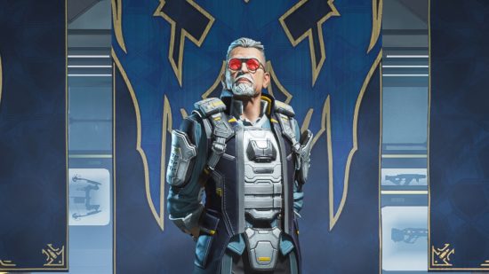 Apex Legends tier list: A man with grey hair wearing red sunglasses and standing in front of a blue war banner.