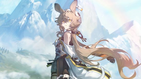 Arknights tier list: The commemorative wallpaper for Dorothy's Vision, cropped just to show a girl with brown hair and bunny ears standing in front of a mountain with her hair and clothes flowing in the wind.