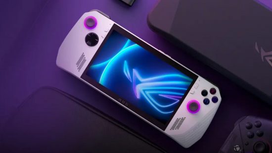 Asus ROG Ally release date speculation header showing the console, screen in the middle, sticks and d0pad and buttons either side, white grips, on its back in a blue lit scene.