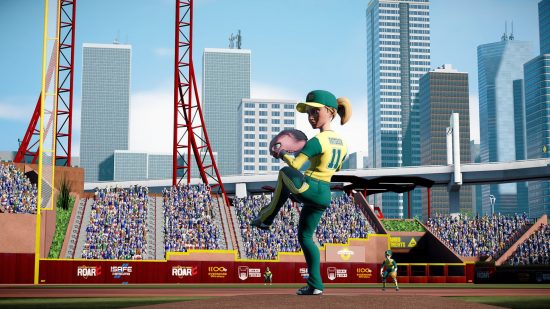 baseball games Super Mega Baseball 4: a character dressed in yellow and green pitching a ball