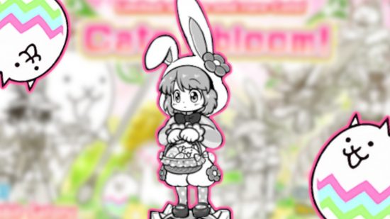 Battle Cats tier list: A black and white drawing of a girl in a bunny costime holding a basket, outlined in pink and pasted on a blurred background. In the top left and bottom right corners of the image there are two egg-shaped creatures with pastel designs and a cat face and ears, also outlined in pink.