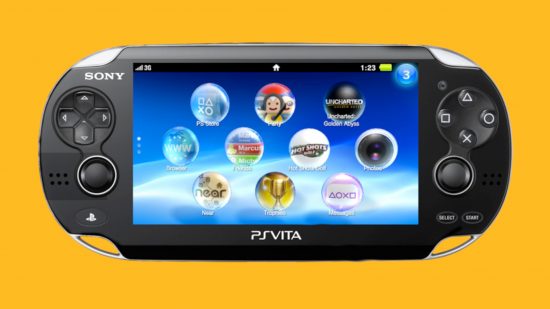 Best PS Vita games - a PS Vita against a mango yellow background