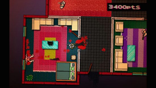 Best PS Vita games - a top-down view of a man committing a bloody crime in a pixelated world