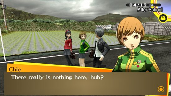 Best PS Vita games - Chie talking to her friends with a speech bubble that says "There really is nothing here, huh?"
