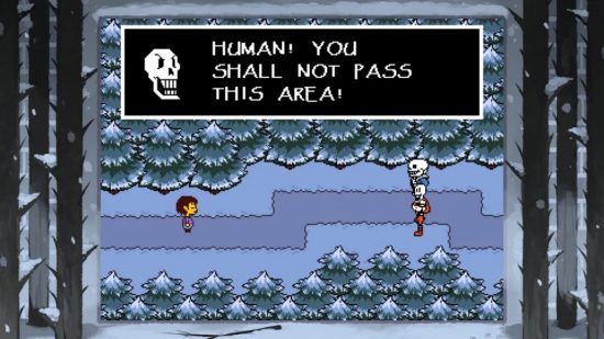 Best PS Vita games - two skeletons talking to a human child, the speech bubble says "HUMAN! YOU SHALL NOT PASS THIS AREA!"