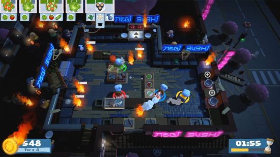 best restaurant games Overcooked 2: players working together to cook food in the night