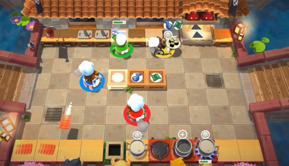 best restaurant games header: characters in Overcooked throwing ingredients to each other