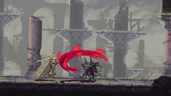 Blasphemous 2 release date image showing a 2d pixel scene of a covered knight slashing a red sail at an enemy in a stony dilapidated scene.