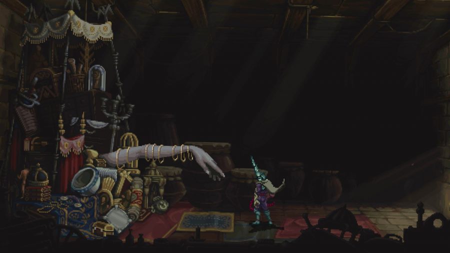 Blasphemous 2 hero art showing a knight in a dark set of armour with a pointy helmet and cape looking at a large figure in the shadows stretch out a giant grey arm covered in golden bracelets in a dark room with ornate carpets.