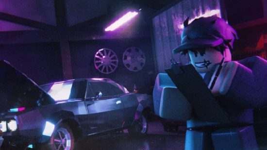 Car Repair Simulator codes: key art fror a Roblox game shows two avatars by a car in a garage