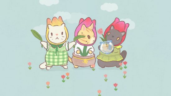 Art for the Cats and Soup update showing three cats dressed in spring outfits on a blue-green background. They are all wearing tulip hats.