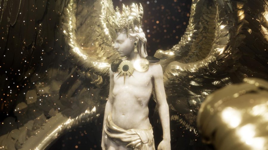Chrono Odyssey screenshot showing a marble and gold statue of a child with wings