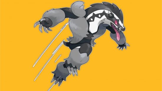 Dark Pokemon weakness - Obstagoon charging into battle in front of a yellow background