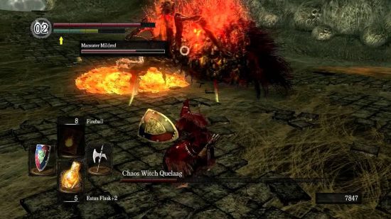 Dark Souls Quelaag spitting pools of lava towards the player