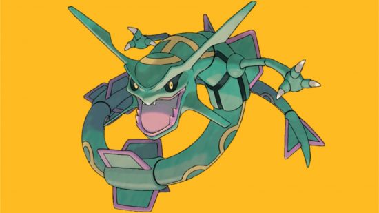 Dragon Pokemon weakness - Rayquaza ready to attack in front of a yellow background