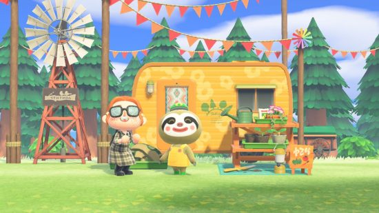 earth day games Animal Crossing new Horizons: a human villager standing next to Leif the sloth