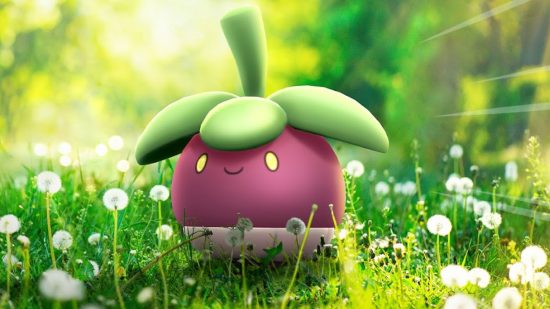 earth day games pokemon go: a smily Bounsweet in a field of grass