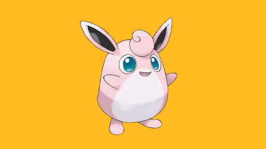 Custom image of a happy Wigglytuff on a yellow background for fairy Pokemon weakness guide
