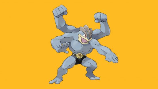 Custom image of a chopping Machamp on a yellow background for fighting Pokemon weakness guide