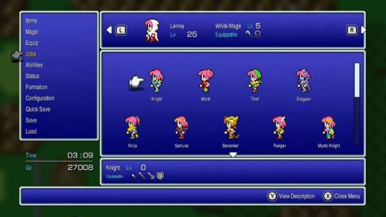 Final Fantasy Pixel Remasters review: different job classes are visible in a menu