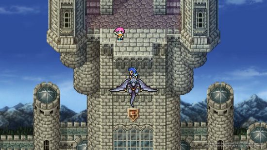 Final Fantasy Pixel Remasters review: a person rides a dragon above a castle