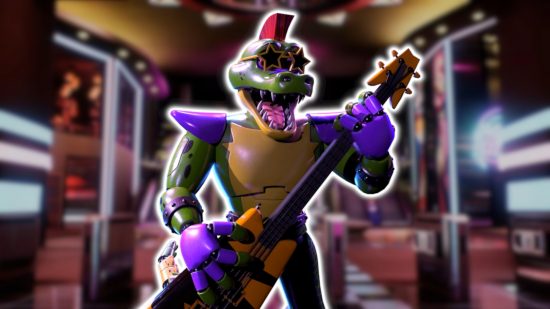 FNAF Monty: Monty playing the bass guitar, outlined in white and pasted on a blurred background of the entrance to the Mega Pizzaplex.