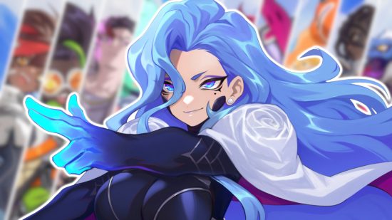 Football games: Estelle from Omega Strikers, a white woman with blue hair wearing a dark blue flight suit and a white cape, outlined in white and overlayed on a blurred background of the Omega Strikers character roster.