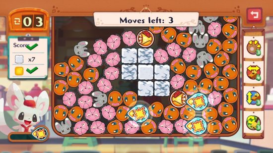 free Switch games pokemon cafe remix: a screen showing a level in the puzzle filled with Pokémon icons