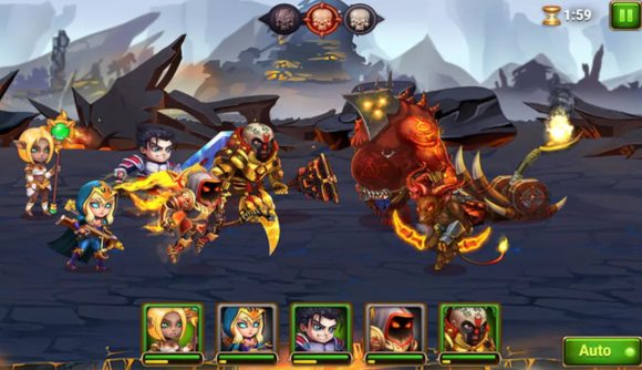 Screenshot of a battle in Hero Wars for free iphone games list