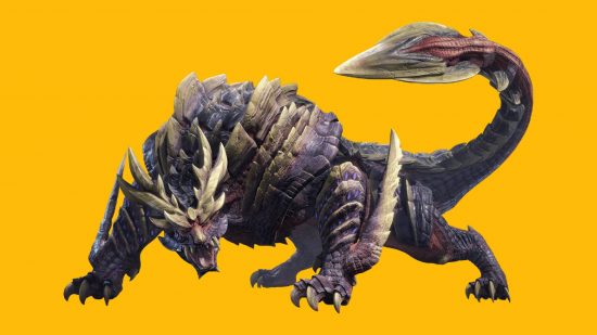 Games like Monster Hunter: key art shows the monster Magnamalo posing in a fierce position against a yellow backgroun