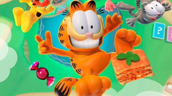 Screenshot from the cover of Garfield Lasagna Party for Garfield games guide with the cat himself jumping for joy