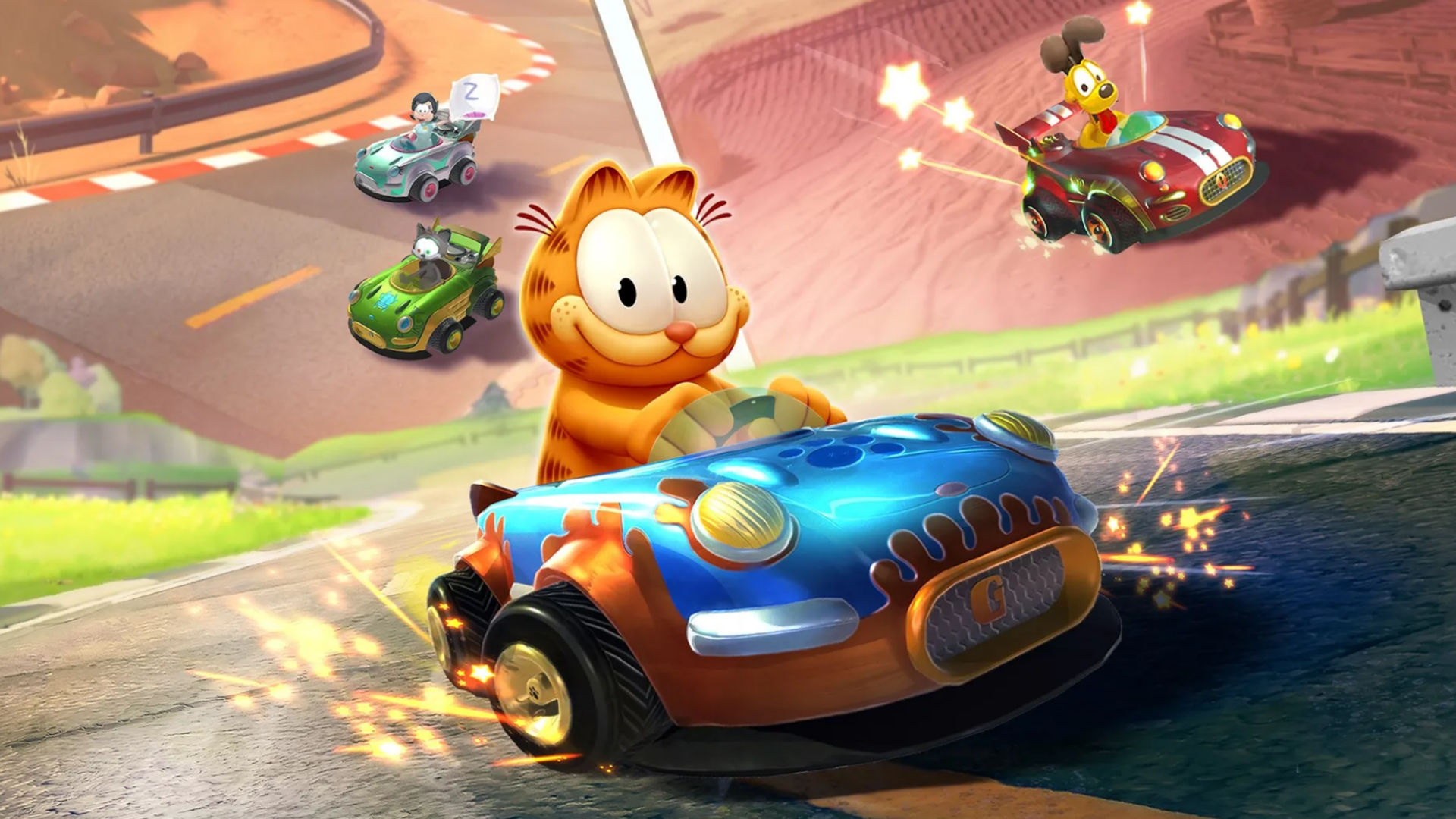 Screenshot of Garfield in his kart on the cover of Garfield Kart Furious Racing for Garfield games guide