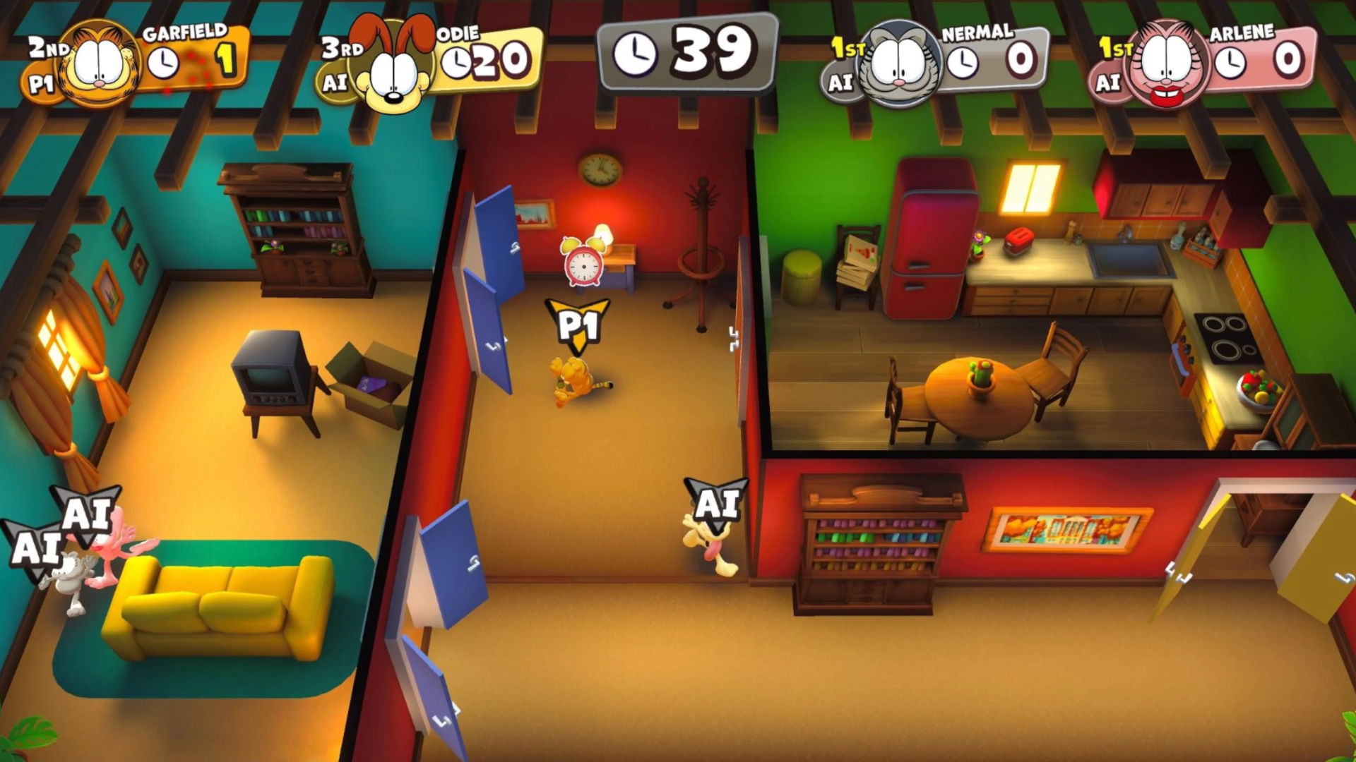 Screenshot of a house hunting party game in Garfield Lasagna Party for Garfield games guide
