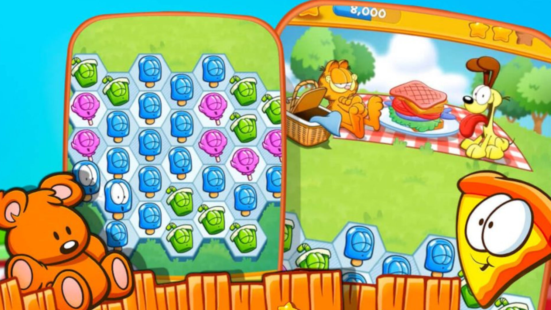 Screenshot of a match three puzzle and Garfield and Odie sharing a picnic for Garfield games guide