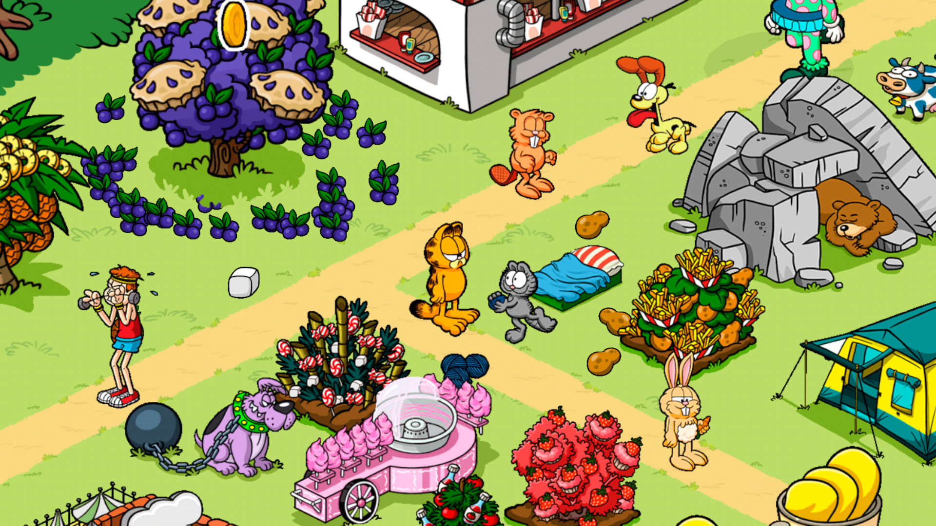 Screenshot of Garfield standing among the action in Garfield Survival of the Fattest for Garfield games guide