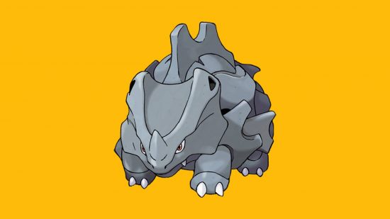 Ground Pokemon weakness: the ground rhino Pokémon Rhydon appears against a yellow background