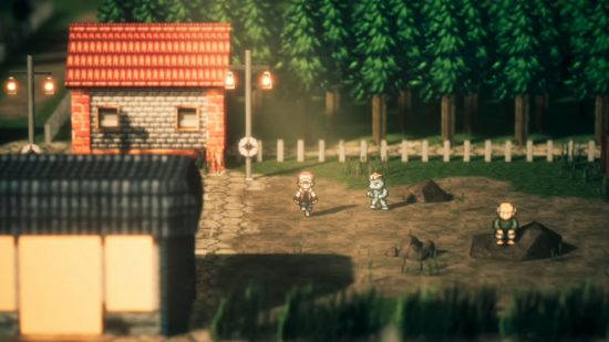 Zrzut ekranu projektu HD2D Pokemon z postacią gracza obok Machopa