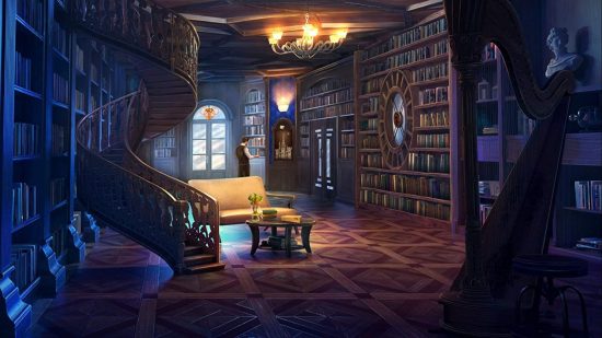 juegos de objetos ocultos Mystery Investigations: una biblioteca oscura con muebles de madera