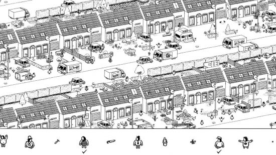 gry z ukrytymi obiektami ukryci ludzie: czarno-biała scena przedstawiająca ulicę z ludźmi 